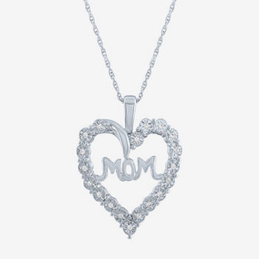 Mom" Womens 1/10 CT. T.W. Lab Grown White Diamond Sterling Silver Heart Pendant